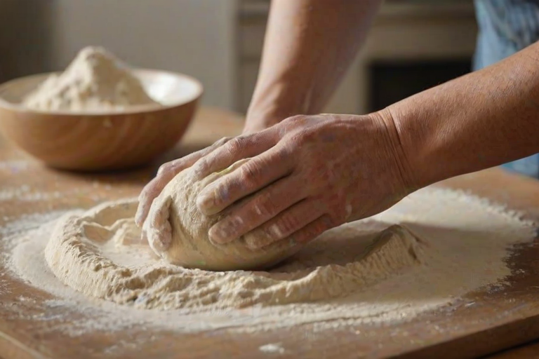 Close-up of a pair of hands kneading dough on a floured surface, soft light illuminating the flour and the dough, with kitchen utensils softly blurred in the background.