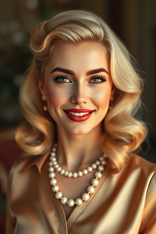 A beautiful Metis woman reminiscent of 1950s Hollywood glamour, with perfectly styled blonde hair and a seductive smile, dressed in a satin blouse and adorned with pearls, soft and warm tones, photorealistic, 8K