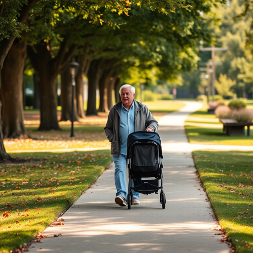 elderly man walking with a stroller on a pathway in a park, soft natural lighting, vibrant colors, candid shot, 50mm lens, aperture f/2.8, ISO 200, shutter speed 1/200s, DSLR camera
