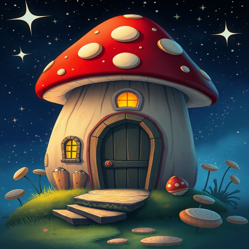generate illustration of a mushroom house with a door and a window, a storybook , fantasy art, mushroom house, bg starry sky, sparkles