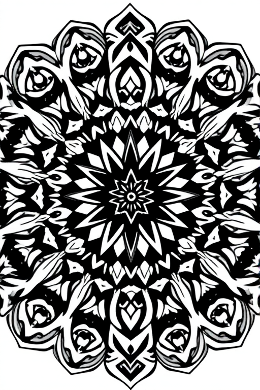 Create a detailed black and white circular pattern with intertwining shapes and a star design in the center, using a DSLR camera, 50mm lens, f/1.8 aperture, ISO 100, shot from a front view with high contrast.