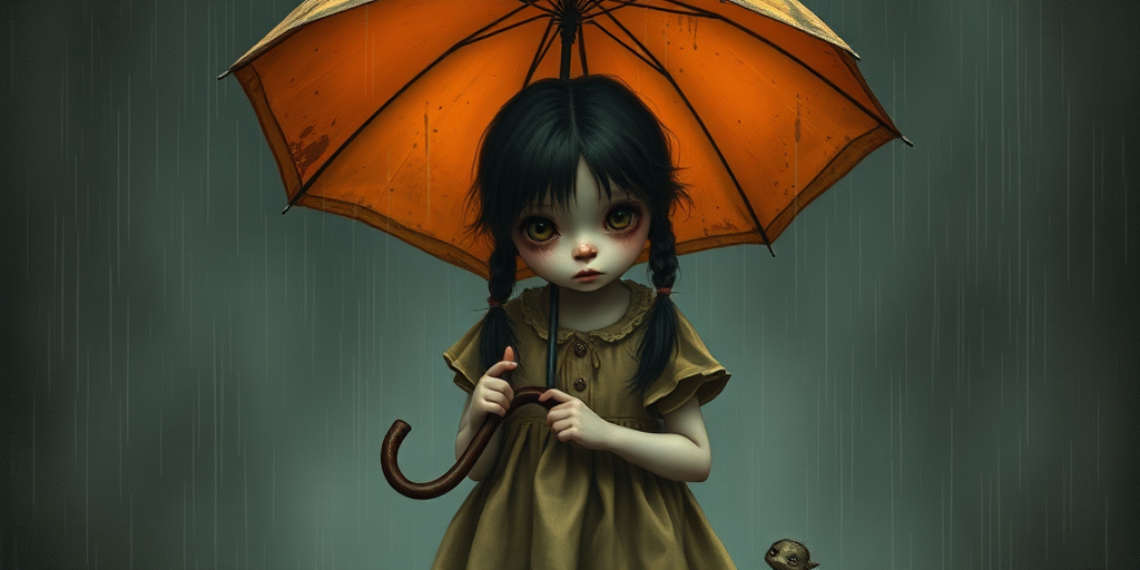 An eerie, weird little girl with dark hair in thin pigtails, wearing a smock dress, standing in the rain, holding a dirty orange umbrella, a small, odd creature beside her. In a surreal style inspired by Nicoletta Ceccoli and Brian Froud. Dark fantasy themes
