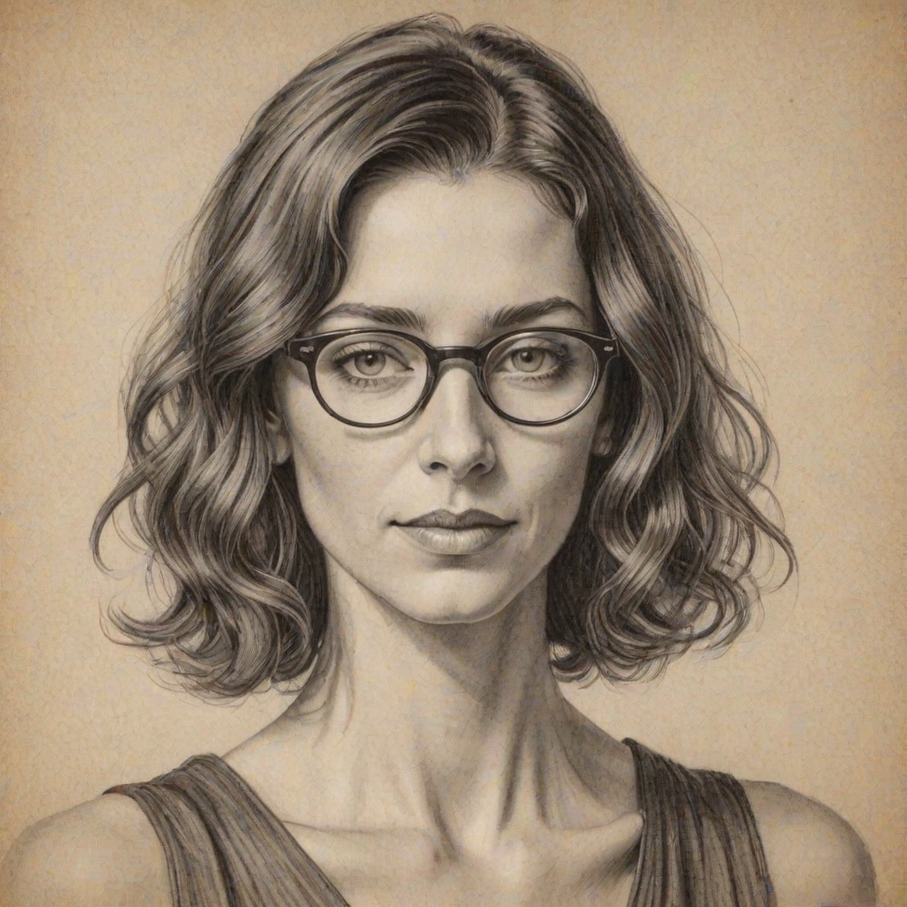 Enchanting Claudia Black, pencil sketch, portrait of Lovely woman 1924s in glasses, hair style beatnik, outline, clear lines, fine lines, 8k
