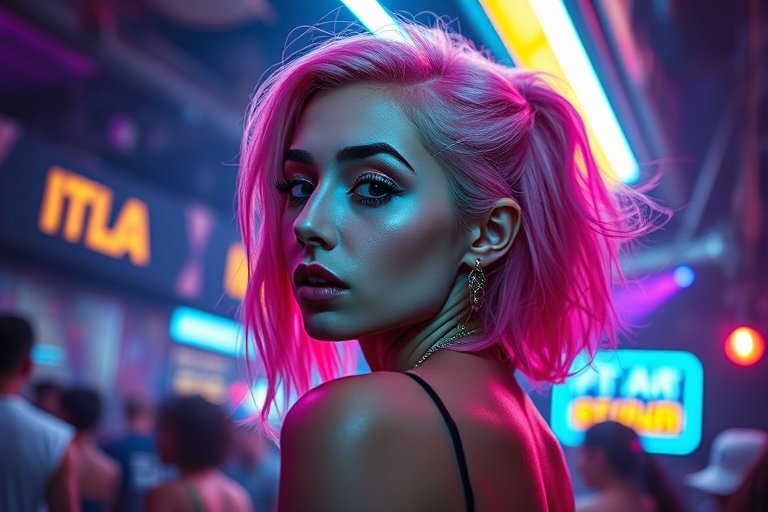 Regenerate a neon-lit nightclub scene featuring a female model with pink hair, shot with a Canon EOS R5 at 50mm, f/1.8, ISO 800, with a shallow depth of field, backlit with colorful ambient lights, capturing vibrant and dynamic nightlife aesthetics.