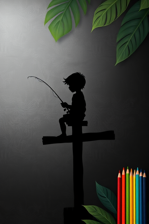 Create a high-resolution illustration of a silhouette of a child fishing while sitting on a wooden cross, captured with a DSLR camera at f/2.8, ISO 100, 50mm lens, in a shallow depth of field, with a soft focus on a chalkboard background adorned with tropical foliage and colored pencils on the side.