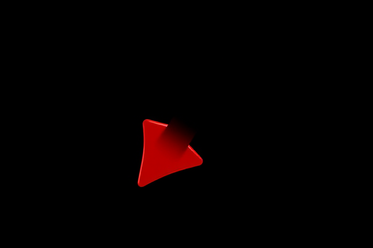 Create a high-resolution image of a glossy red arrow pointing downwards using a DSLR camera with a 50mm lens, aperture f/2.8, ISO 100, and a shallow depth of field, focusing on the arrow against a simple black background for enhanced contrast and clarity.