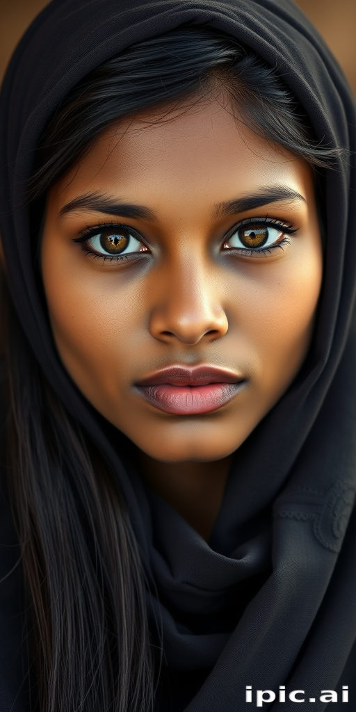Create a portrait of a young Sri Lankan woman with long, dark hair and captivating hazel eyes. She is wearing a dark headscarf and a matching scarf draped gracefully around her neck. The background is softly blurred, focusing attention on her serene and natural expression. The overall color palette is muted and warm, enhancing the intimate and authentic feel of the portrait.