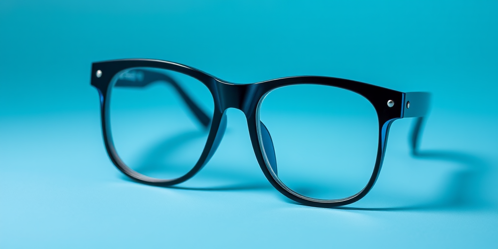 3D glasses graphic on a smooth light blue background, high resolution, macro lens, ISO 100, aperture f/2.8, shot from a slight angle to enhance depth, digital camera.