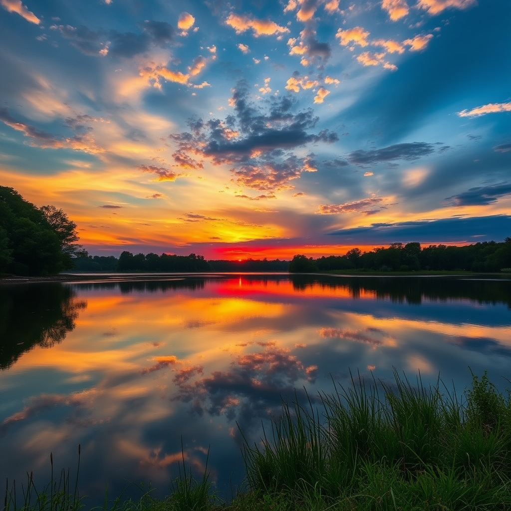 Create a vibrant landscape image of a serene sunset over a calm lake, with reflections of the sky and trees, captured with a Canon EOS R5, 24mm f/1.4 lens, aperture set at f/8, ISO 100, in HDR mode for enhanced detail and clarity.