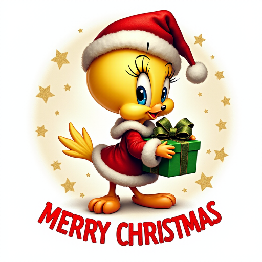 Merry Christmas” cosmic star art tweety bird wearing a Christmas hat and Santa jacket holding gift with a big bow tweety bird is extremely detailed and vibrant behind her is star cosmic design on white background that’s all Christmas colors red green white the words “MERRY CHRISTMAS” is written at the bottom in red electric font outline in black 3000dpi 32k