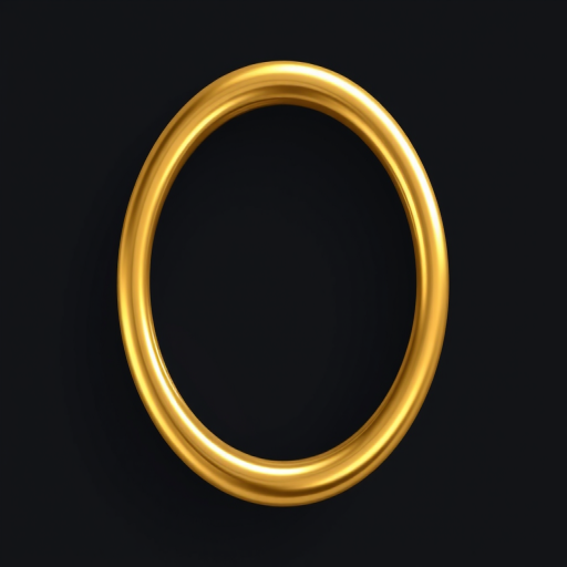 Create a 3D rendering of an elegant golden circular design with a smooth, reflective surface, using a DSLR camera with a 50mm lens, aperture set to f/2.8, shooting at ISO 100, in natural light, with a shallow depth of field to emphasize the glossy texture and sleek curves.