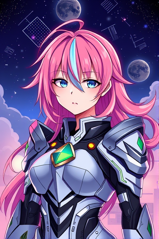 Generate an anime-style illustration of a female character in futuristic armor with vibrant hair colors, set against a celestial background with stars and clouds, using a Canon EOS R5, 85mm lens, f/1.8 aperture, ISO 100, and a high dynamic range to enhance colors and details.