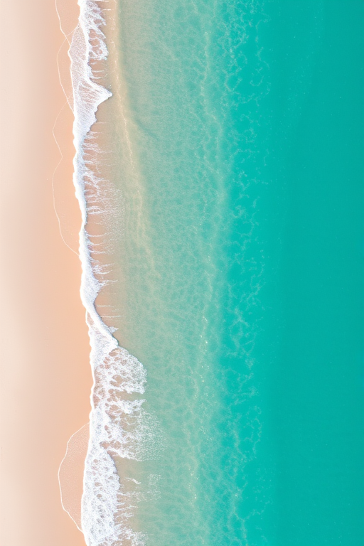 generate an aerial view of a tranquil beach with turquoise waters and gentle waves lapping against a sandy shore