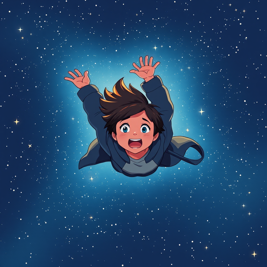 Create an illustration of a character falling through space against a starry background, using a DSLR camera with a 50mm lens, f/1.8 aperture, ISO 200, shot in portrait mode for depth, with a high dynamic range to enhance detail and contrast.