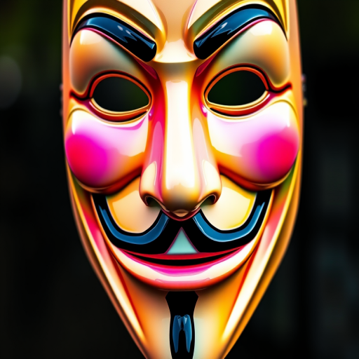 Create a high-resolution digital illustration of a Guy Fawkes mask with a colorful pixelated effect, using a Canon EOS R5 camera, 50mm lens, f/1.8 aperture, ISO 100, shot in natural light, with a focus on vibrant colors and intricate details.