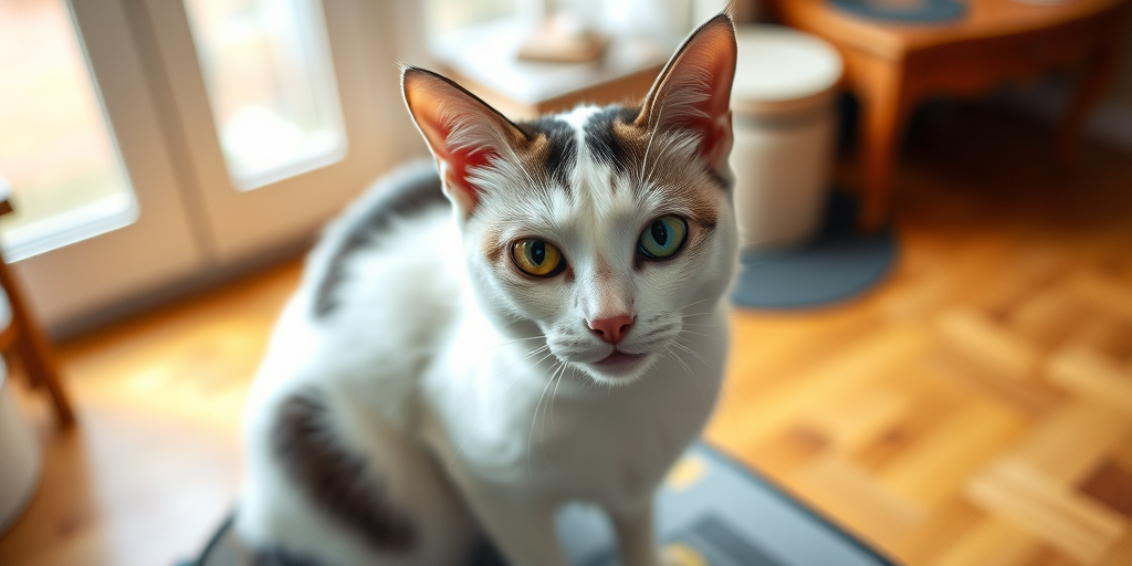 with its eyes slightly narrowed and its mouth slightly open, adding to its alert and attentive demeanor. The cat is sitting on a surface that appears to be a table or desk, piercing blue, round green eyes and a pink nose, ucat, A photograph captures a white and black cat sitting on a wooden floor in a cozy room. The cat has large