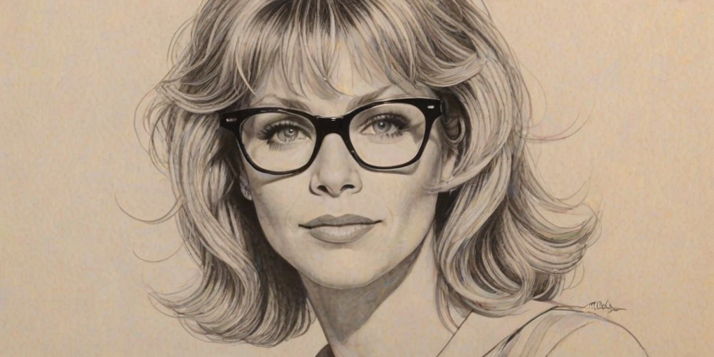 Comely Kate Capshaw, pencil sketch, portrait of Bewitching woman 1955s in glasses, hair style beatnik, outline, clear lines, fine lines, 8k