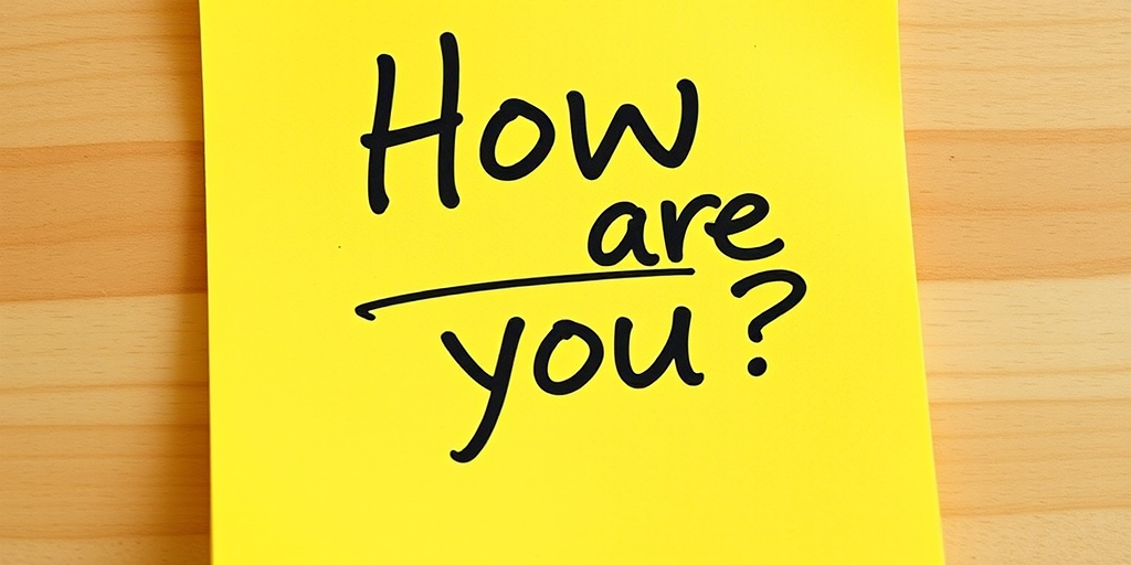 Yellow post-it note, hand written in Yellow pen text "How are you??", 3d, hd, hyper realistic,