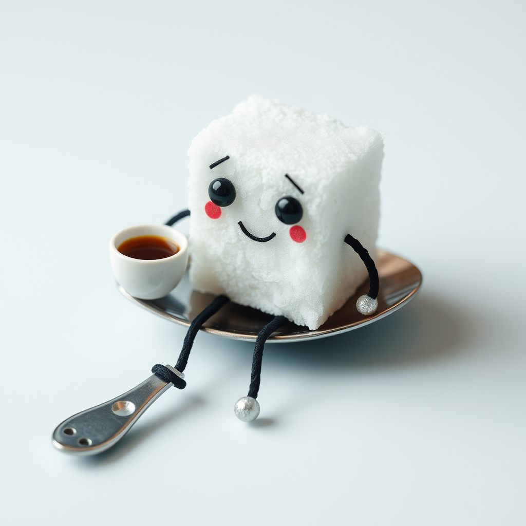 A sugar cube with a face and legs, sitting on a spoon and sipping a tiny cup of coffee.