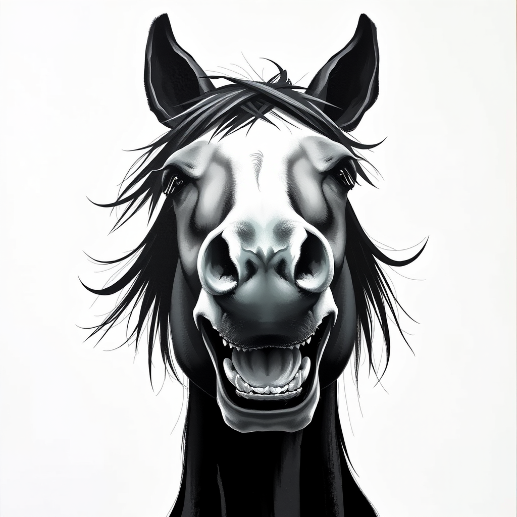 Abstract black and white acrylic portrait of an over exaggerated laughing (horse). Minimalism style. White background.