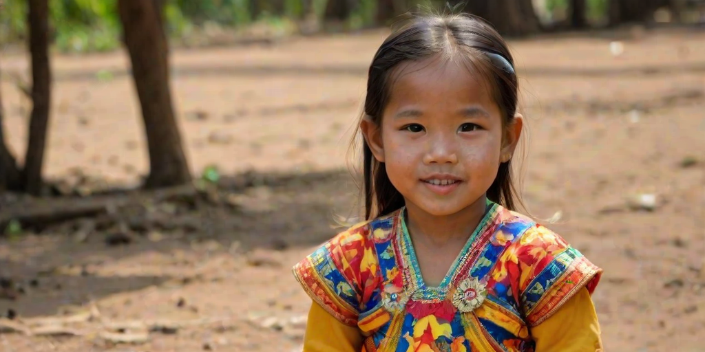 A beautiful Cambodian girl, wearing colorful bird clothing with vibrant colors