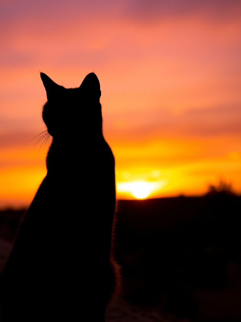 Create an image of a sleek black silhouette of a cat against a vibrant sunset background, capturing the warm hues of orange, pink, and purple with a DSLR camera, aperture f/2.8, ISO 200, shutter speed 1/200s, using a wide-angle lens for an expansive view.