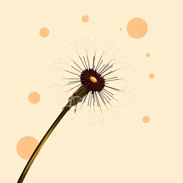 Create an artistic illustration of a dandelion with delicate black line details on a soft beige background, including abstract circles in warm tones, shot with a DSLR camera at f/2.8 aperture, 35mm lens, 1/100s shutter speed, in natural light to enhance color richness and clarity.