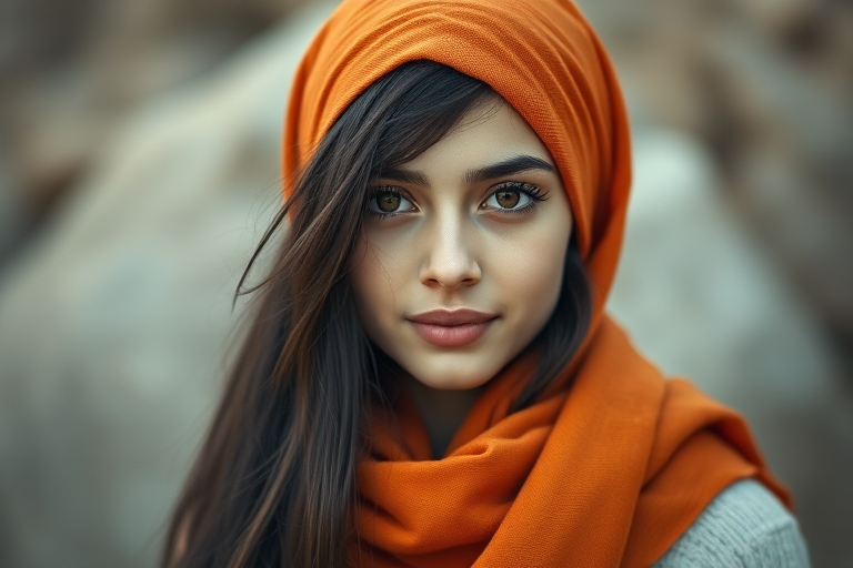 Create a portrait of a young Turkish female with long, dark hair and captivating hazel eyes. She is wearing a orange headscarf and a matching scarf draped gracefully around her neck. The background is softly blurred, focusing attention on her serene and natural expression. The overall color palette is muted and warm, enhancing the intimate and authentic feel of the portrait.