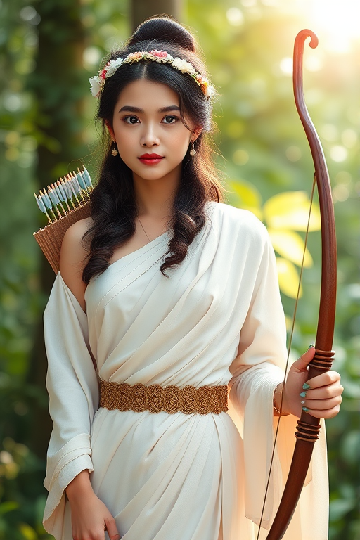 Create a portrait of a goddess-like Singaporean girl figure in a tranquil, forested environment. She has an elegant appearance with long, wavy hair styled in an updo and adorned with a delicate, floral headband. She wears a flowing, ancient Greek-inspired gown in a soft, pale color, featuring a one-shoulder design and draped fabric that accentuates her graceful form. The outfit includes a decorative belt with ornate gold detailing, and she holds a bow in her hand, with a quiver of arrows slung over her shoulder. The background depicts lush greenery, with sunlight filtering through the trees, casting a gentle, ethereal light on the scene. Her expression is calm and contemplative, embodying a sense of wisdom and serenity.