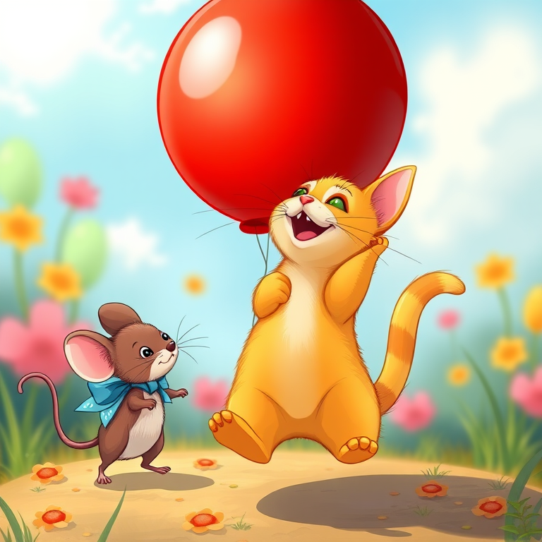 Create a colorful illustration of a playful yellow cat jumping towards a bright red balloon, accompanied by a cute brown mouse with a blue bow, high-resolution digital art style, 50mm lens, f/2.8 aperture, ISO 100, vibrant colors with a soft focus background.