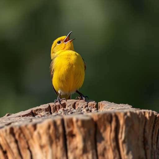 A vibrant yellow bird singing on a textured wooden stump, captured with a DSLR camera at f/4, ISO 100, 1/500s, in natural light, using a macro lens for detailed close-up.