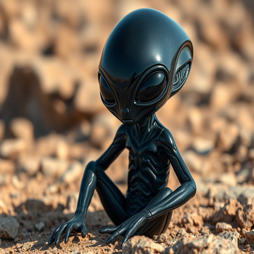A futuristic alien humanoid with glossy black skin and large reflective eyes sitting on a rocky terrain, captured with a Canon EOS R5, 85mm lens, f/1.8, ISO 100, in soft natural light, focusing on sharp detail and rich colors.