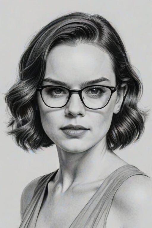 Sublime Daisy Ridley, pencil sketch, portrait of Graceful woman 1927s in glasses, hair style beatnik, outline, clear lines, fine lines, 8k