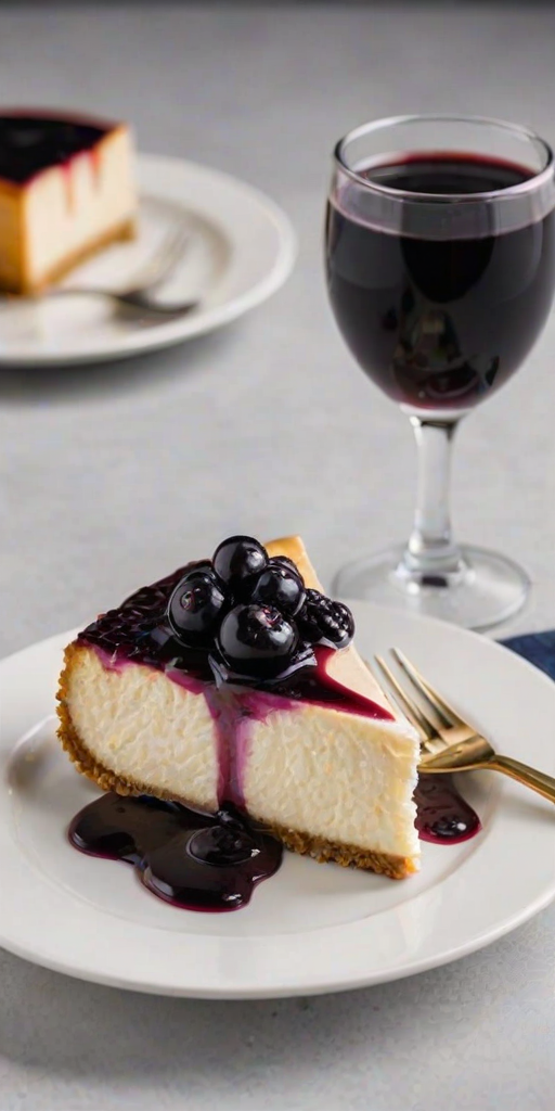 Create an image of a slice of creamy cheesecake with a glossy blueberry sauce on top, served on a white plate. Include a gold fork beside the plate and a glass of dark beverage in the background. The setting should have a clean and elegant appearance.
