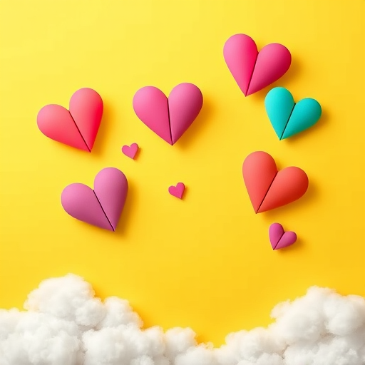 Create an illustration of colorful paper hearts flying against a bright yellow background with fluffy white clouds at the bottom, using a high-resolution digital camera, ISO 100, f/8 aperture, 24mm lens, capturing in portrait orientation and vibrant color style.