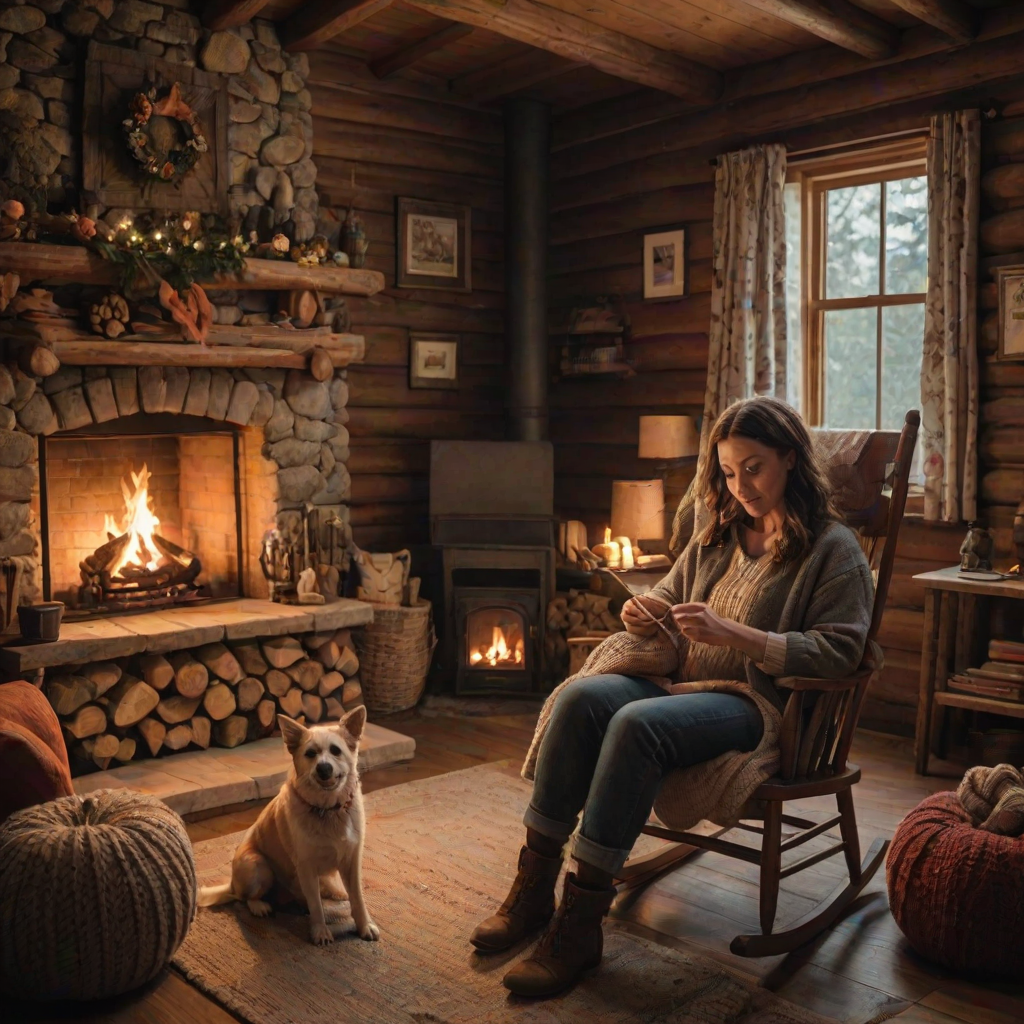 Cozy cabin in the woods, the sound of a crackling fireplace filling the room, a woman sits in a rocking chair, knitting by the fire, her dog curled up at her feet.