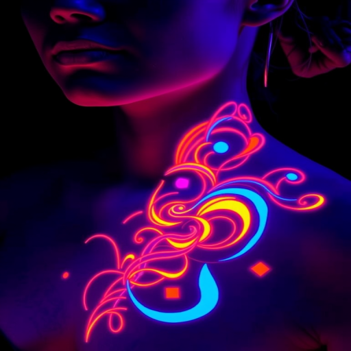 Luminous UV ink tattoo called "Neon Nights" that comes to life under blacklight. Invisible in normal lighting, the design reveals a vibrant, glowing pattern when exposed to UV light. Abstract shapes and swirling lines create a psychedelic effect, transforming the wearer's skin into a canvas of electric color.