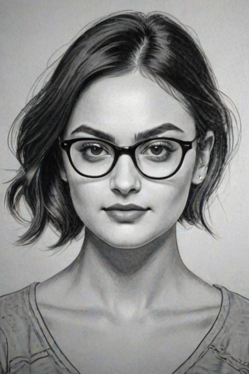 Fetching Camila Mendes, pencil sketch, portrait of Lovely woman 1936s in glasses, hair style beatnik, outline, clear lines, fine lines, 8k