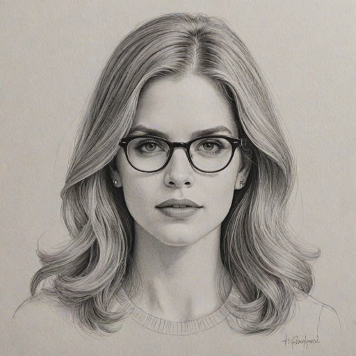 Lovely Anna Chlumsky, pencil sketch, portrait of Gorgeous woman 1968s in glasses, hair style beatnik, outline, clear lines, fine lines, 8k