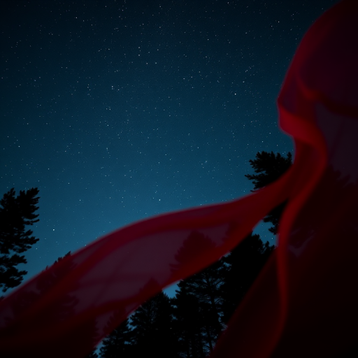 Create an image of a starry night sky with dark silhouette pine trees in the background, with red flowing fabric in the foreground, using a DSLR camera, 24mm lens, aperture f/2.8, ISO 800, long exposure 10 seconds, shot from a low angle for depth effect.