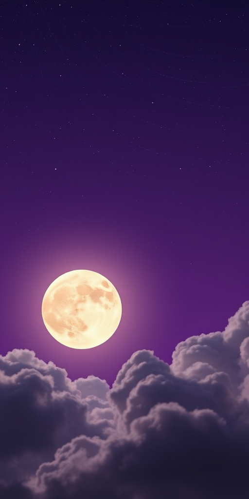Create a dreamy night sky scene featuring a large, bright moon surrounded by fluffy clouds and a purple gradient background with twinkling stars, shot with a DSLR camera at f/2.8, ISO 100, 24mm focal length, and a soft-focus lens to enhance the ethereal quality.