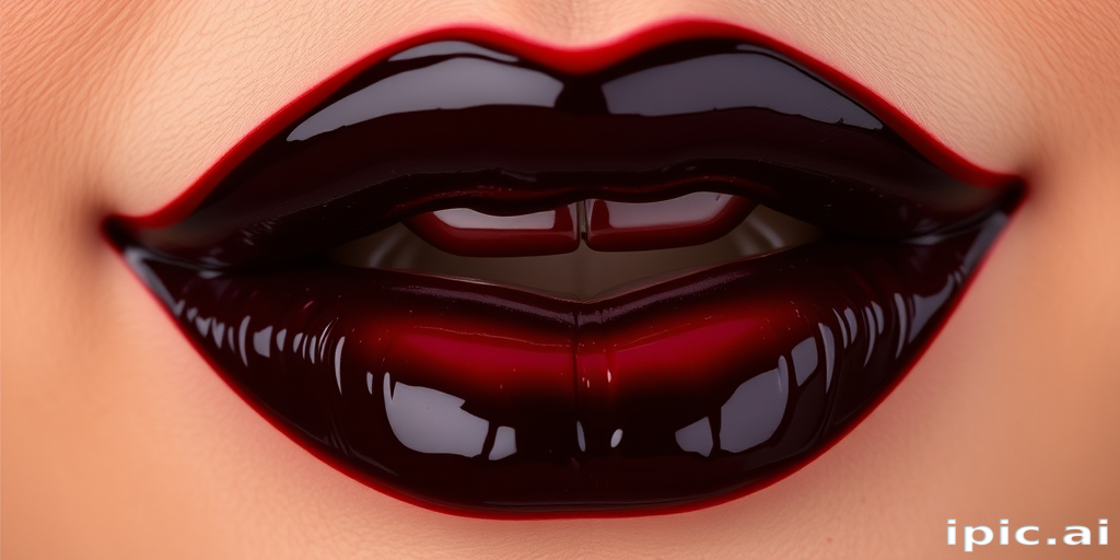 Striking black cherry lips boast a glossy vinyl finish, exuding mystery and allure with their deep, rich color and reflective surface