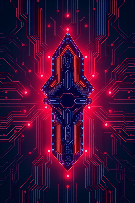 Create an image of a futuristic arrow design with integrated circuit board patterns, high resolution, taken with a DSLR camera, aperture f/2.8, ISO 100, 35mm lens, and a top-down view to emphasize the design details and vibrant color contrast.