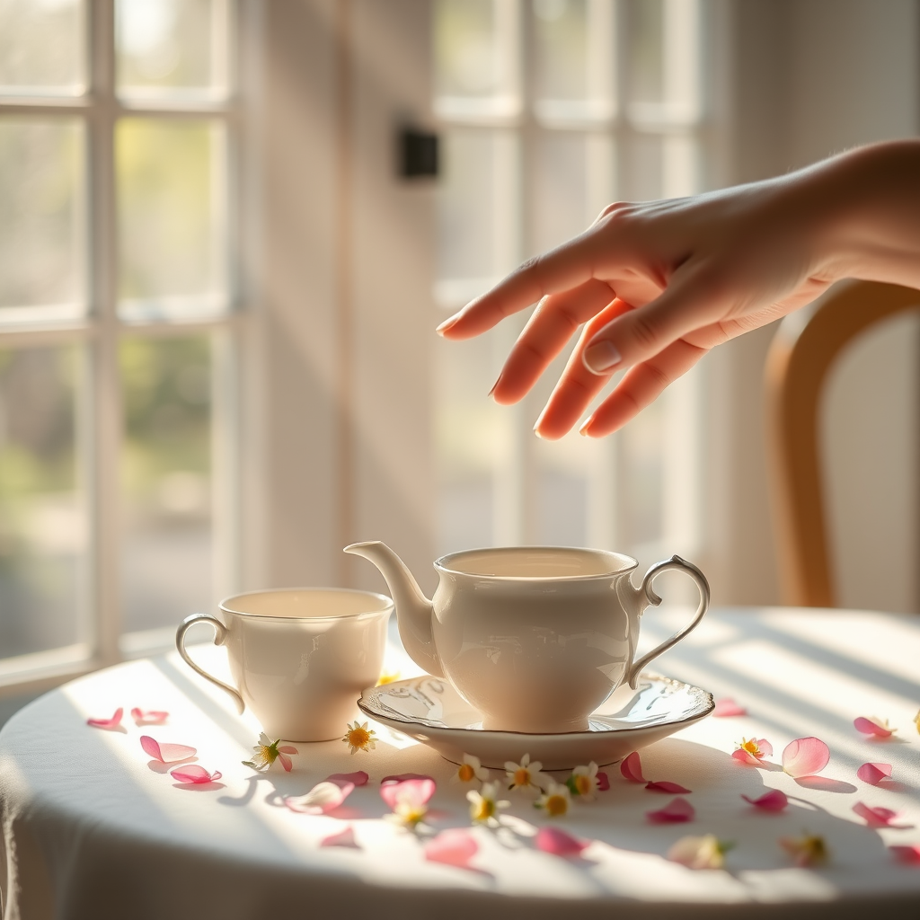 Regenerate an image of a hand reaching toward a tea set with soft sunlight streaming through window panes, including delicate flowers and petals scattered on the table, captured with a Canon EOS R5 camera, 50mm lens, f/1.8 aperture, ISO 200, natural light with a shallow depth of field for a dreamy background effect.
