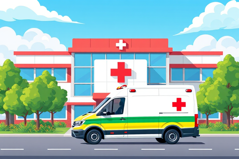 Create a high-resolution illustration of a modern ambulance parked in front of a stylized hospital with a red cross symbol, surrounded by green trees and a clear blue sky, using a vibrant color palette, shot with a Canon EOS R6 at f/8, ISO 100, 35mm lens, daytime lighting.