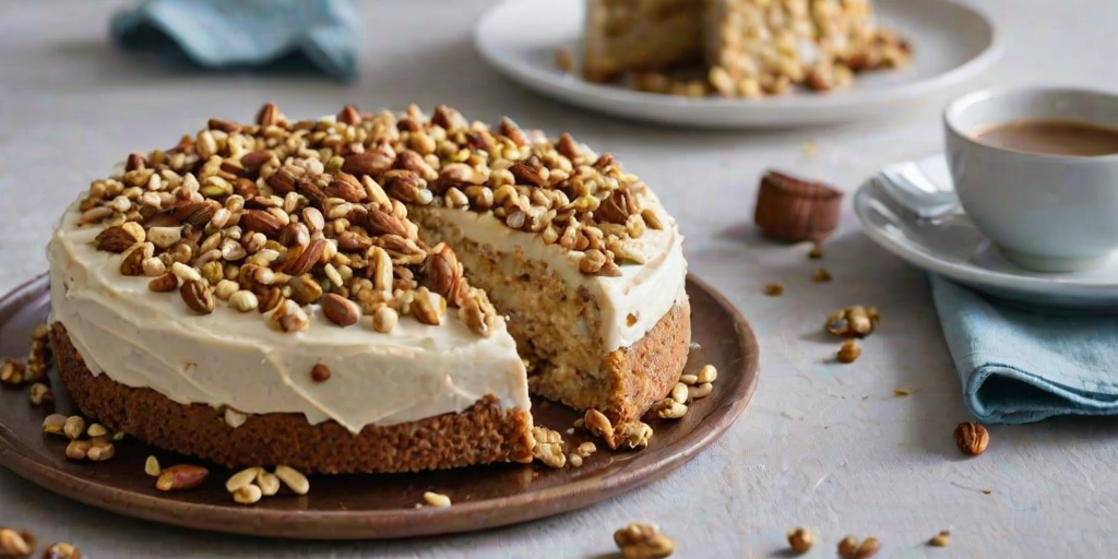 Generate a detailed image of a freshly baked cake on a round plate. The cake should have a creamy white frosting and be topped with crushed nuts. A few slices should be cut out, revealing the moist layers inside. The setting should include a light blue cloth beside the plate and a small bowl of additional crushed nuts in the background. The overall mood should be inviting and appetizing, perfect for a dessert display.