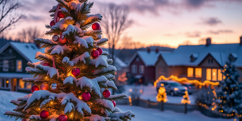 Create a cozy winter scene featuring a snow-covered Christmas tree adorned with colorful ornaments and warm lights. The background should include softly lit houses and more festive decorations under a twilight sky.