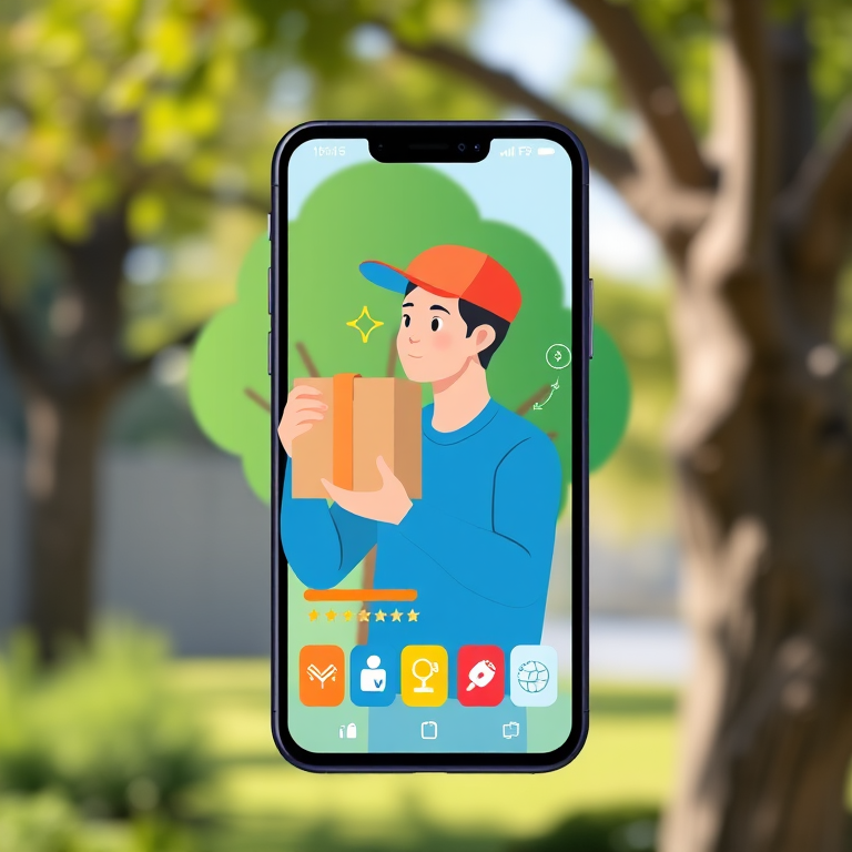 Create a digital illustration of a person receiving a package from a smartphone interface, featuring a stylized tree in the background, colorful icons for delivery and ratings, in a modern flat design style, using a Canon EOS R5 with a 24-70mm f/2.8 lens, aperture set to f/8, ISO 100, and in natural daylight for enhanced clarity and color vibrancy.