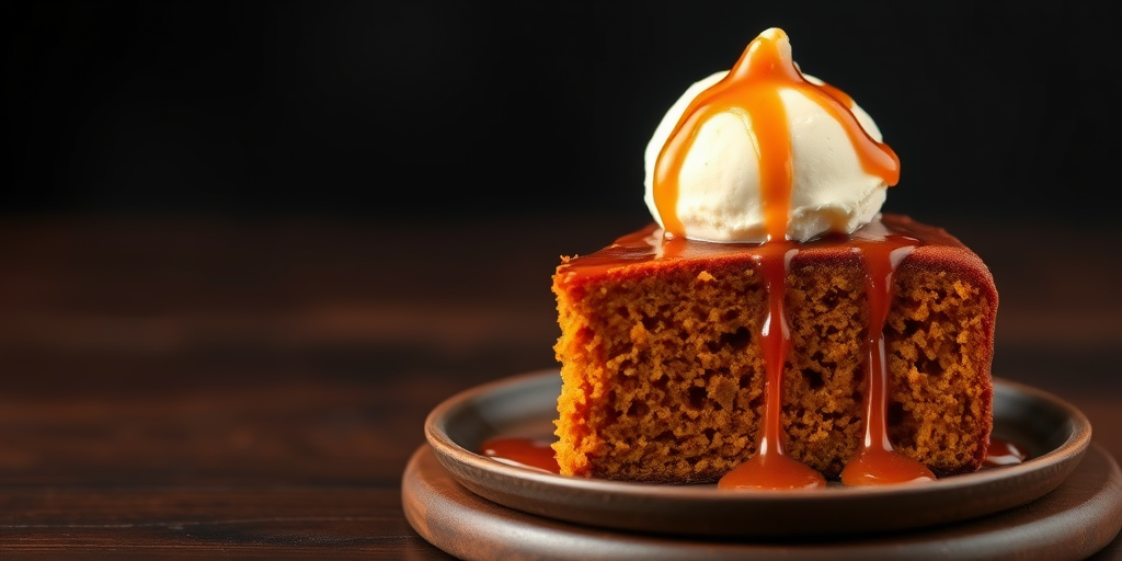 A slice of moist pumpkin cake topped with creamy vanilla ice cream and drizzled with rich caramel sauce, presented on a dark wooden surface with a blurred black background.