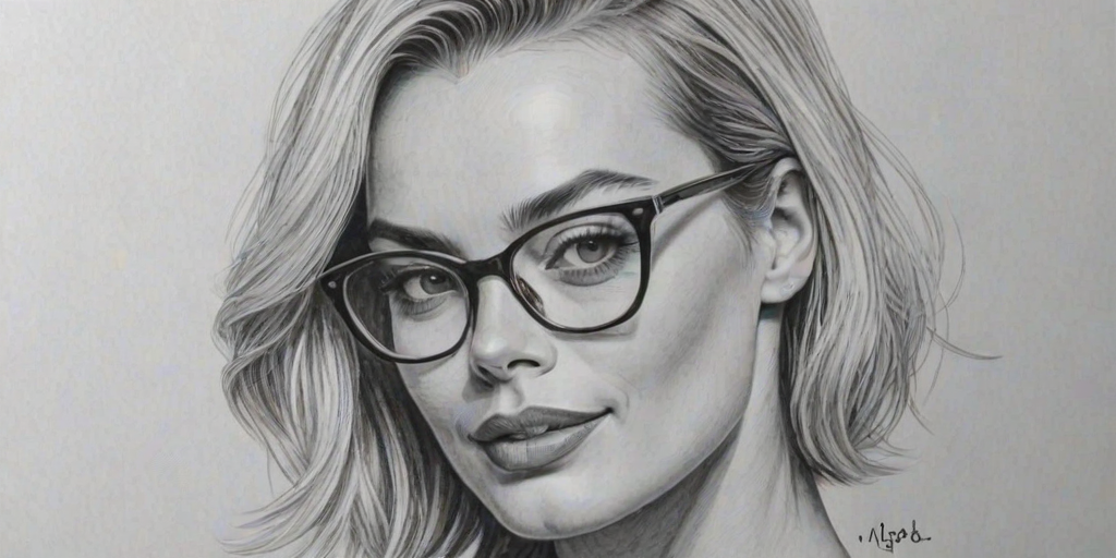 Resplendent Margot Robbie, pencil sketch, portrait of Elegant woman 1964s in glasses, hair style beatnik, outline, clear lines, fine lines, 8k